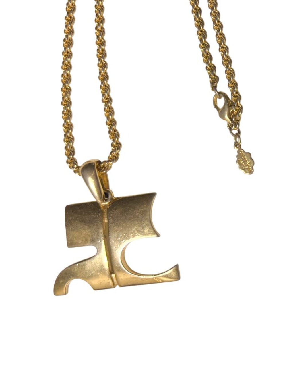 Courreges gold logo pendant long necklace, with designer signature mark.
